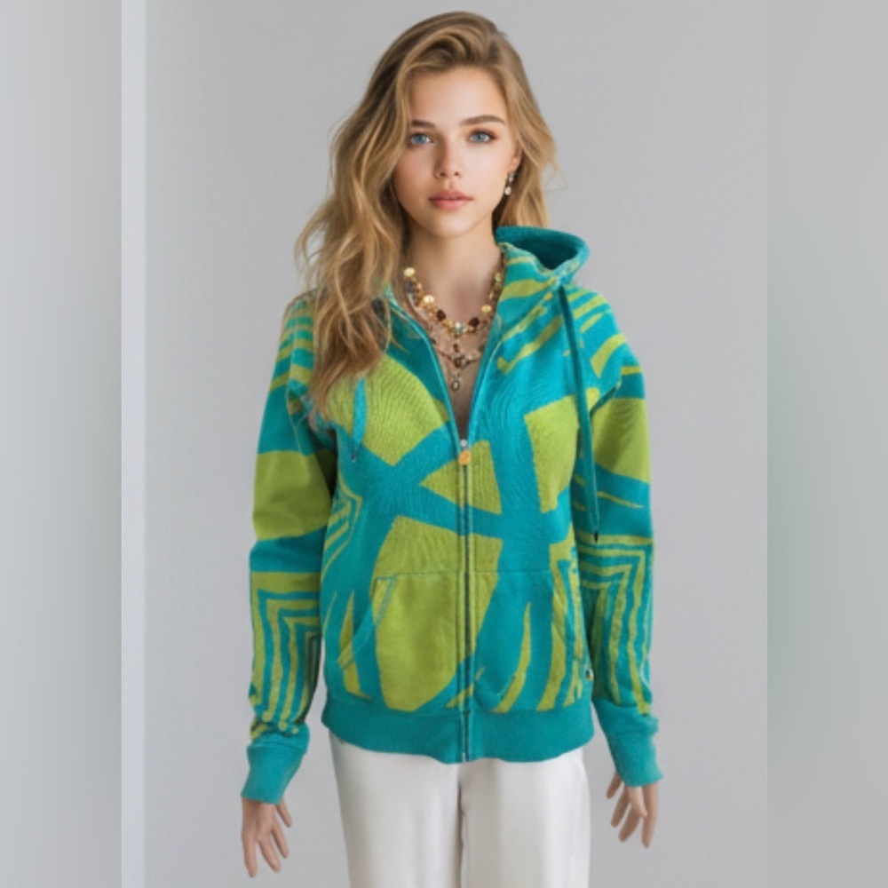 Vibrant Teal and Lime Green Hoodie - Picture 1 of 16